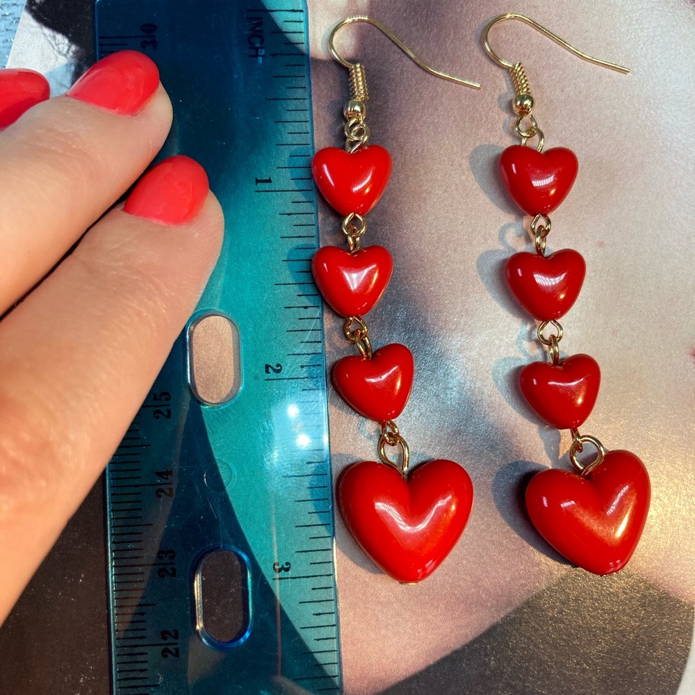 Long Red Heart ❤️ Earrings - Picture 4 of 5